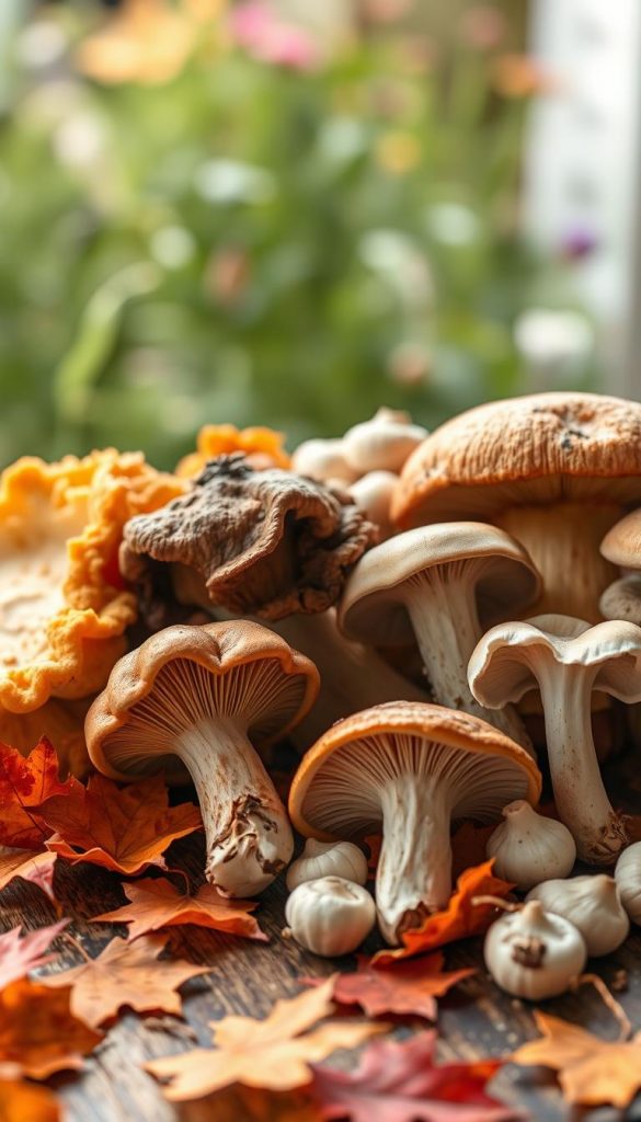 A close-up view of a variety of fresh, vibrant mushrooms, showcasing rich textures and colors, like golden chanterelles, deep brown porcini, and delicate white button mushrooms. The mushrooms are arranged artistically on a rustic wooden table, with scattered autumn leaves in warm hues of orange and red around them. Soft, diffused natural light filters in from the side, creating gentle shadows and highlighting the earthy colors and stem details. In the background, a blurred out garden scene featuring green foliage and a hint of fading wildflowers suggests the seasonal transition of autumn. The overall mood is warm, inviting, and inspiring, reminiscent of a cozy autumn kitchen. Authentic and Pinterest-worthy, this image captures the essence of seasonal produce. Branding: ClickKiste. A close-up view of a variety of fresh, vibrant mushrooms, showcasing rich textures and colors, like golden chanterelles, deep brown porcini, and delicate white button mushrooms. The mushrooms are arranged artistically on a rustic wooden table, with scattered autumn leaves in warm hues of orange and red around them. Soft, diffused natural light filters in from the side, creating gentle shadows and highlighting the earthy colors and stem details. In the background, a blurred out garden scene featuring green foliage and a hint of fading wildflowers suggests the seasonal transition of autumn. The overall mood is warm, inviting, and inspiring, reminiscent of a cozy autumn kitchen. Authentic and Pinterest-worthy, this image captures the essence of seasonal produce. Branding: ClickKiste.