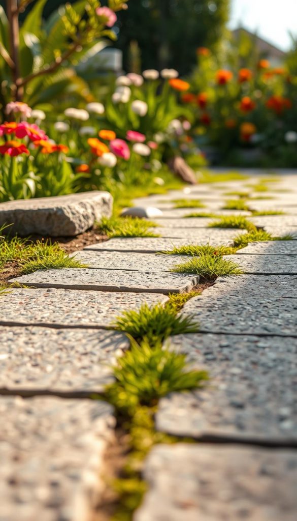 A close-up view of beautifully arranged granite paving stones in a modern garden path, showcasing their rich texture and natural earthy tones. The foreground features individual granite stones with intricate details, highlighting their durability and craftsmanship. In the middle, the stones are set in a flowing pattern with small patches of green grass peeking through, creating a harmonious blend of nature and design. The background reveals lush garden foliage and vibrant flowers, softly blurred to draw focus to the paving stones. The scene is illuminated by warm, soft sunlight, casting gentle shadows that enhance the stone's rugged charm. This image embodies an authentic, inspiring DIY aesthetic, ideal for a Pinterest-style look, reflecting the brand "KlickKiste." A close-up view of beautifully arranged granite paving stones in a modern garden path, showcasing their rich texture and natural earthy tones. The foreground features individual granite stones with intricate details, highlighting their durability and craftsmanship. In the middle, the stones are set in a flowing pattern with small patches of green grass peeking through, creating a harmonious blend of nature and design. The background reveals lush garden foliage and vibrant flowers, softly blurred to draw focus to the paving stones. The scene is illuminated by warm, soft sunlight, casting gentle shadows that enhance the stone's rugged charm. This image embodies an authentic, inspiring DIY aesthetic, ideal for a Pinterest-style look, reflecting the brand "KlickKiste."