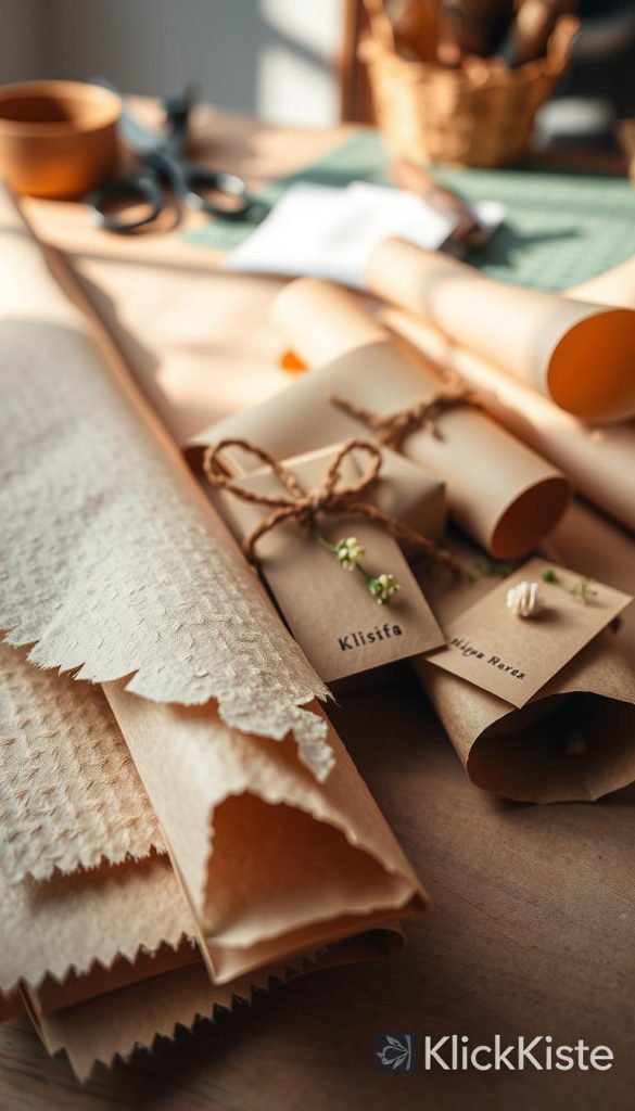 A close-up view of beautifully textured, natural paper with varying thicknesses, showcasing its organic fibers and earthy tones. The foreground features neatly torn edges to highlight the common mistakes of uneven cuts, while in the middle ground, rolls of different paper types sit casually next to rustic DIY gift tags adorned with twine and small floral accents. Soft, warm natural lighting creates a cozy, inviting atmosphere that emphasizes the tactile quality of the paper. In the background, hints of crafting tools such as scissors and a cutting mat are subtly blurred, evoking a DIY workspace. The overall mood conveys authenticity and inspiration, fitting the aesthetic of a Pinterest-worthy project, branded subtly with "KlickKiste."