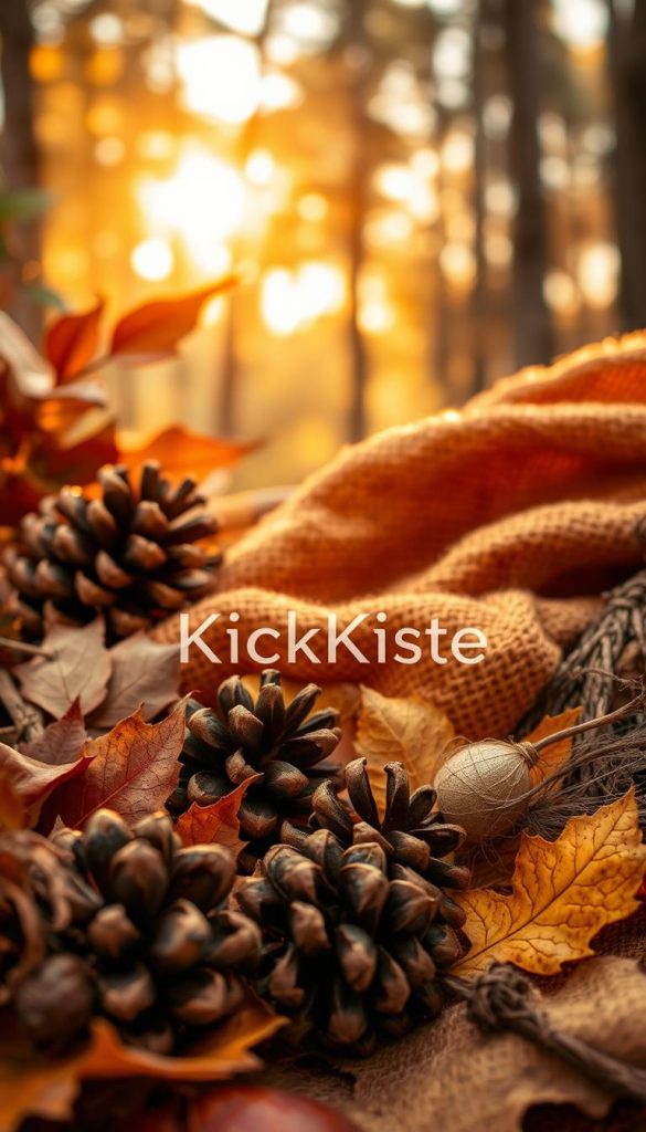 A close-up view of various natural materials and textures embodying the warm colors of autumn, such as rich browns, deep oranges, and muted yellows. The foreground features beautifully arranged leaves, pine cones, and twigs, showcasing the intricate details of their surfaces. In the middle, there are handwoven fabrics with warm hues draped softly, inviting touch. The background must consist of a softly blurred forest scene, bathed in gentle golden hour lighting, enhancing the cozy atmosphere. The mood is warm and inviting, radiating an authentic, DIY Pinterest aesthetic, perfect for inspiring autumn decor ideas. The image should embody a natural and earthy feel, aligning with the theme of returning to nature. Include the brand name "KlickKiste" seamlessly into the composition.