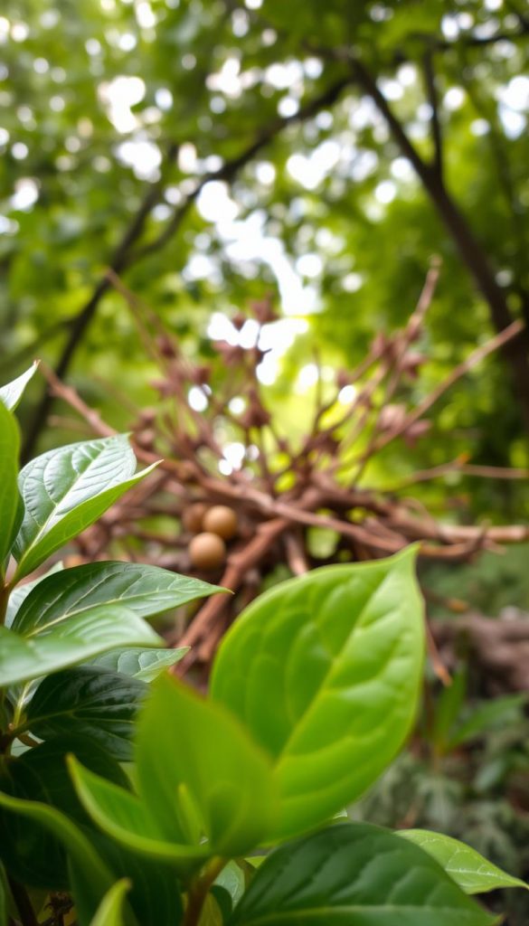 A close-up view of vibrant green leaves, showcasing a variety of textures and shapes, positioned prominently in the foreground. In the middle ground, a softly blurred arrangement of twigs and natural elements complements the leaves, creating an organic composition. The background features a gentle, warm light filtering through a lush canopy, enhancing the tranquil atmosphere. The scene evokes a sense of inspiration, ideal for DIY projects. Utilize a shallow depth of field to focus on the leaves, with soft bokeh effects surrounding the natural materials. Incorporate a Pinterest aesthetic with earthy tones and a cozy, inviting mood. This is a perfect representation of natural DIY decor ideas from "KlickKiste".