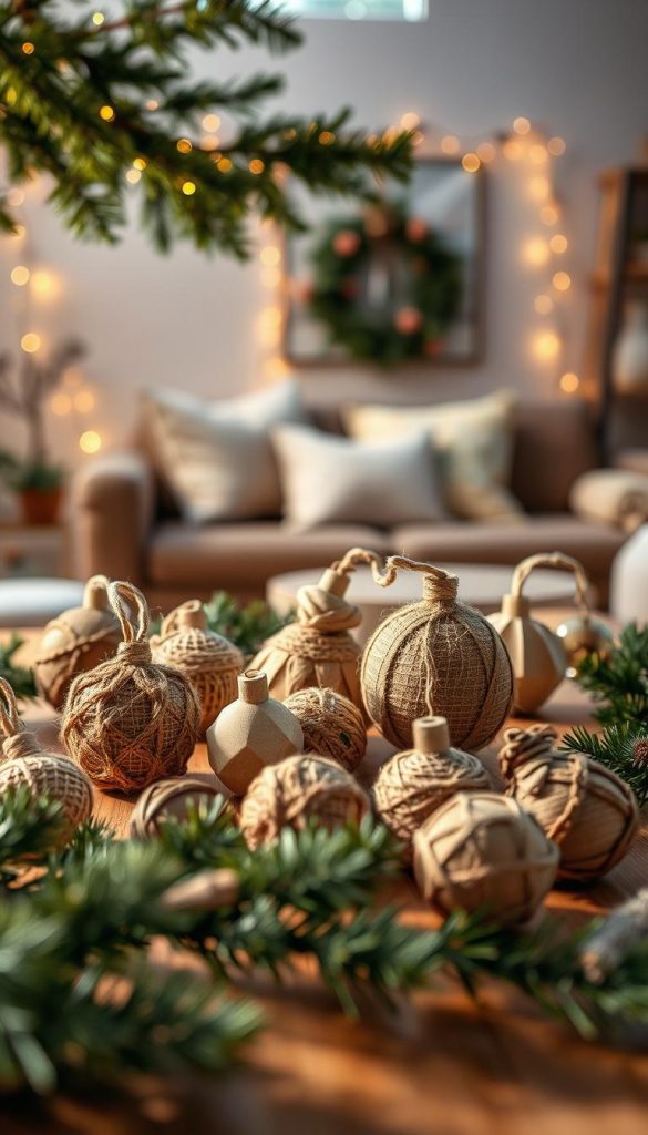 A collection of beautifully crafted DIY Christmas ornaments ("weihnachtskugeln") in a warm, inviting setting. Foreground: various handcrafted ornaments featuring natural materials like wood, jute, and earthy colors, arranged elegantly on a rustic wooden table. Middle: soft, warm lighting that highlights the textures of the ornaments, casting gentle shadows to enhance their three-dimensionality. Background: a cozy, softly blurred living space adorned with pine branches and twinkling fairy lights, creating a festive atmosphere. The scene evokes a modern Boho and Scandinavian aesthetic, with a focus on natural beauty and creativity. Capture this image in a high-resolution format with a shallow depth of field to emphasize the ornaments, reflecting the authentic and inspiring vibe of "KlickKiste."