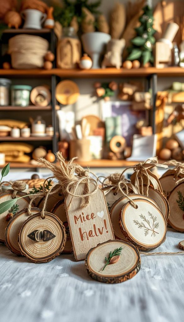 A collection of beautifully crafted DIY gift tags made from natural materials, such as rustic wooden slices, dried leaves, and twine. In the foreground, display several uniquely designed tags adorned with hand-painted patterns and natural embellishments, radiating warmth and creativity. The middle ground features a cozy crafting workspace with soft lighting that casts gentle shadows, enhancing the inviting atmosphere. The background showcases shelves filled with an assortment of nature-inspired crafting supplies, creating an inspiring hustle of a DIY environment. The overall color palette is warm and earthy, with soft yellows, browns, and greens, reminiscent of a Pinterest aesthetic. This image embodies the essence of creativity and natural beauty while highlighting the brand "KlickKiste".