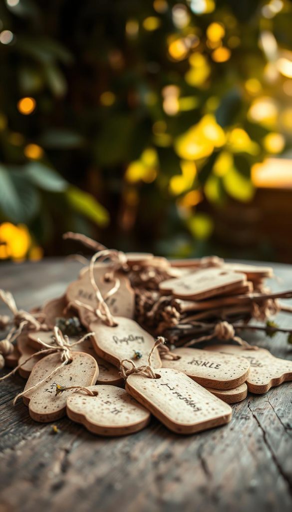 A collection of beautifully crafted kork anhänger (cork tags) arranged on a rustic wooden table, set against a softly blurred natural background featuring greenery and warm sunlight filtering through leaves. The foreground showcases the cork tags in various shapes, some embellished with twine and dried flowers, highlighting their light, robust, and sustainable qualities. The middle layer includes hints of natural materials like jute and twigs, enhancing the DIY aesthetic. The overall mood is warm and inviting, embodying an authentic Pinterest-inspired look. Capture the essence of creativity and nature with a focus on simplicity and elegance, emphasizing the brand "KlickKiste". Use soft, diffused lighting to create an inspiring and peaceful atmosphere, with a slight depth of field to draw attention to the distinct textures of the cork.
