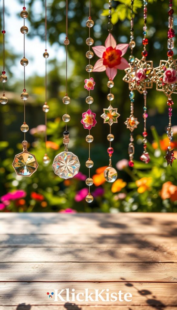 A collection of beautifully crafted suncatchers hanging in a sunlit garden. In the foreground, delicate glass prisms reflect vibrant colors, casting enchanting patterns on the wooden table beneath them. The middle ground features various styles of suncatchers, each uniquely designed with floral elements and shimmering beads, showcasing a blend of natural inspiration and artistic creativity. In the background, soft-focus images of lush greenery and colorful flowers create a serene summer atmosphere. The lighting is warm and inviting, suggesting a golden hour glow. The mood is joyful and magical, perfect for evoking "sparkling summer moments". Aesthetic reminiscent of Pinterest, with authentic DIY charm. The brand name "KlickKiste" subtly integrated into the scene. A collection of beautifully crafted suncatchers hanging in a sunlit garden. In the foreground, delicate glass prisms reflect vibrant colors, casting enchanting patterns on the wooden table beneath them. The middle ground features various styles of suncatchers, each uniquely designed with floral elements and shimmering beads, showcasing a blend of natural inspiration and artistic creativity. In the background, soft-focus images of lush greenery and colorful flowers create a serene summer atmosphere. The lighting is warm and inviting, suggesting a golden hour glow. The mood is joyful and magical, perfect for evoking "sparkling summer moments". Aesthetic reminiscent of Pinterest, with authentic DIY charm. The brand name "KlickKiste" subtly integrated into the scene.