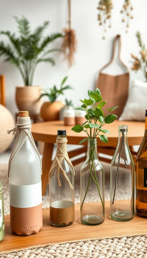 A collection of creatively upcycled plastic bottles displayed in an aesthetically pleasing arrangement, embodying modern, natural, Boho, and Scandinavian styles. In the foreground, showcase a variety of styled bottles: one painted in soft earth tones with macramé accents, another with a minimalist design featuring a lush green plant sprouting from it. In the middle, a warm wooden table adds texture, while a cozy, woven rug in neutral hues invites a relaxed atmosphere. The background should feature a softly lit space with natural elements, such as a potted plant and hanging dried flowers, enhancing the organic feel. Use soft, diffused lighting to create an inviting glow, with a shallow depth of field to focus on the intricate details of the bottles. This image, inspired by "KlickKiste," captures an authentic and inspiring DIY spirit perfect for Pinterest.