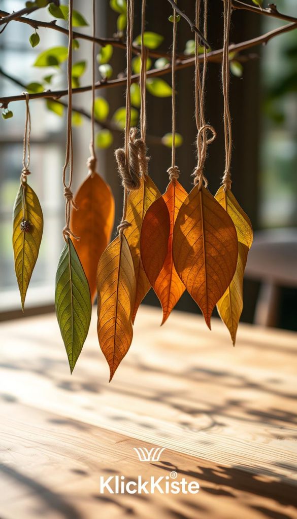 A collection of elegant "blatt anhänger" crafted from natural leaves, hanging gracefully against a softly blurred background of a sunlit wood table. The foreground showcases various leaf-shaped tags, some with delicate embellishments like twine or small charms in a modern Boho style, while others retain a minimalist herbarium-inspired design, capturing earthy tones of green, brown, and gold. The middle ground features hints of soft, natural lighting filtering through branches, creating dappled shadows, enhancing the organic feel. The atmosphere is warm and inviting, evoking a sense of creativity and nature. A subtle logo of “KlickKiste” is integrated into the scene, harmonizing with the handcrafted aesthetic.