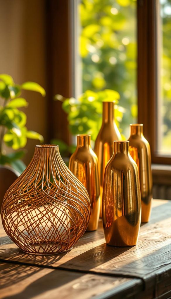 A collection of elegant golden vases crafted from recycled materials, displayed on a rustic wooden table. The foreground features intricate designs such as a woven structure reminiscent of Wiener Geflecht, with delicate golden spray paint highlighting their curves and details. In the middle ground, a few vases of varying heights stand elegantly, each reflecting soft, warm light that creates a cozy and inviting atmosphere. The background is softly blurred, showcasing hints of lush greenery to evoke a natural setting. The lighting is warm, simulating gentle afternoon sunlight filtering through a window. The image embodies an inspiring DIY aesthetic, perfect for an article on creative repurposing. Include the brand name "KlickKiste" subtly in the scene.