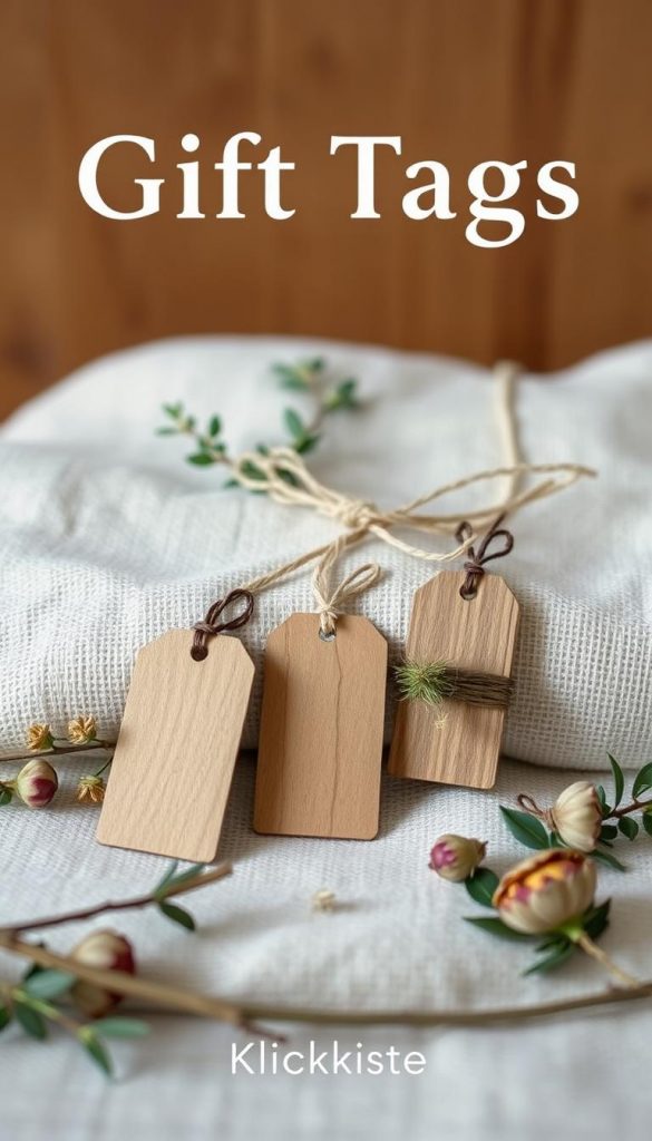 A collection of minimalist gift tags made from natural twigs, displayed elegantly. In the foreground, three distinct twigs are crafted into simple yet charming tags, showcasing their unique textures and earthy tones. The middle ground features a soft, handwoven linen fabric providing a gentle backdrop, while subtle foliage and dried flowers surround the tags, enhancing the natural aesthetic. The background fades into a warm, blurred wooden surface, evoking a cozy, rustic home atmosphere. Soft, diffused lighting highlights the organic shapes and colors, creating an inviting, inspirational ambiance. The style is akin to a Pinterest aesthetic, promoting authenticity and creativity. Brand name "KlickKiste" subtly integrated into the scene without text overlays.