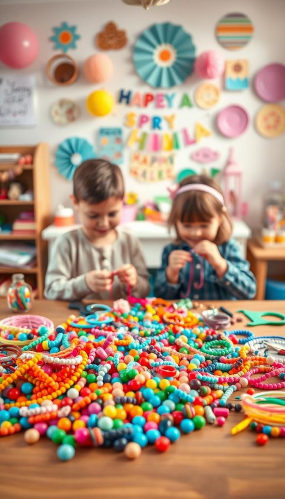 A colorful and inviting children’s crafting scene featuring a vibrant beads and jewelry station. In the foreground, a wooden table is filled with assorted beads in various shapes, colors, and sizes, alongside tools for creating bracelets and keychains. In the middle ground, two children, dressed in casual, modest clothing, enthusiastically string beads onto colorful threads, showcasing their creativity. Behind them, a backdrop of warm, natural lighting illuminates the room, enhancing a cozy, friendly atmosphere. Soft pastels and bright hues of the beads pop against a softly blurred background of playful decor and crafting supplies. The aesthetic reflects an authentic, Pinterest-worthy DIY vibe, inspired by "KlickKiste." The mood is joyful and creative, capturing the essence of fun and imagination at a children’s birthday celebration.