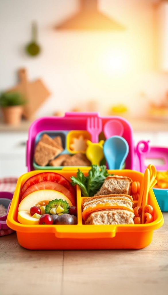 A colorful and inviting children's lunchbox setup featuring a variety of Bento boxes by the brand "KlickKiste". In the foreground, a bright, cheerful Bento box is filled with healthy, visually appealing foods: sliced fruits, colorful vegetables, and whole grain sandwich sections arranged artistically. The middle layer includes an array of additional lunchbox accessories like reusable dividers and fun utensils. In the background, a softly blurred kitchen setting radiates warm, natural light, creating a cozy atmosphere. The scene captures the essence of a nutritious lunch idea for kids, with an authentic and inspirational Pinterest aesthetic that evokes warmth and creativity. The overall mood is playful and encouraging, designed to engage parents seeking healthy lunchbox options for their children. A colorful and inviting children's lunchbox setup featuring a variety of Bento boxes by the brand "KlickKiste". In the foreground, a bright, cheerful Bento box is filled with healthy, visually appealing foods: sliced fruits, colorful vegetables, and whole grain sandwich sections arranged artistically. The middle layer includes an array of additional lunchbox accessories like reusable dividers and fun utensils. In the background, a softly blurred kitchen setting radiates warm, natural light, creating a cozy atmosphere. The scene captures the essence of a nutritious lunch idea for kids, with an authentic and inspirational Pinterest aesthetic that evokes warmth and creativity. The overall mood is playful and encouraging, designed to engage parents seeking healthy lunchbox options for their children.