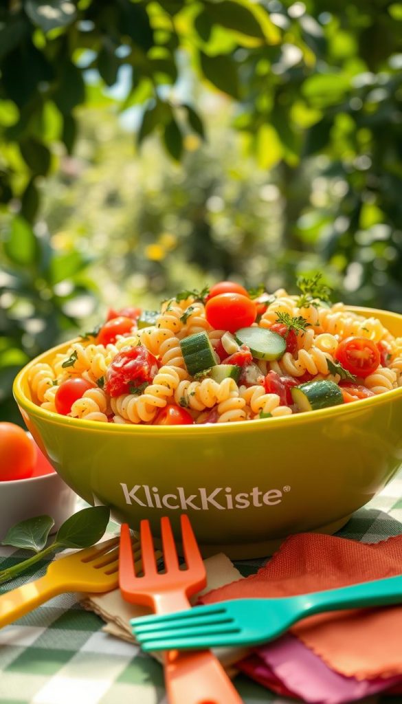 A colorful and inviting children's pasta salad displayed in a large, vibrant mixing bowl, featuring spiraled pasta, diced vegetables like bell peppers, cherry tomatoes, and cucumber. The salad is garnished with fresh herbs and a creamy dressing visible on the surface. In the foreground, there are playful, child-friendly utensils, such as brightly colored plastic forks and napkins. The background showcases a sunlit picnic table surrounded by greenery, enhancing the warm and cheerful atmosphere. Soft, natural lighting filters through leaves, casting gentle shadows. The overall mood is joyful and family-oriented, perfect for a quick, enjoyable meal. The brand name "KlickKiste" is subtly integrated, ensuring a wholesome and inspiring look that resonates with parents. A colorful and inviting children's pasta salad displayed in a large, vibrant mixing bowl, featuring spiraled pasta, diced vegetables like bell peppers, cherry tomatoes, and cucumber. The salad is garnished with fresh herbs and a creamy dressing visible on the surface. In the foreground, there are playful, child-friendly utensils, such as brightly colored plastic forks and napkins. The background showcases a sunlit picnic table surrounded by greenery, enhancing the warm and cheerful atmosphere. Soft, natural lighting filters through leaves, casting gentle shadows. The overall mood is joyful and family-oriented, perfect for a quick, enjoyable meal. The brand name "KlickKiste" is subtly integrated, ensuring a wholesome and inspiring look that resonates with parents.
