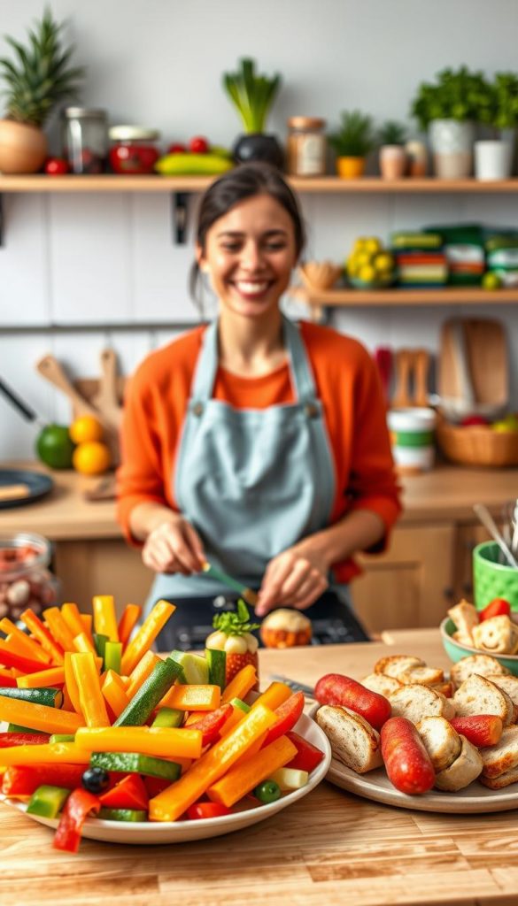 A colorful and inviting kitchen scene filled with healthy meal prep ideas for kids. In the foreground, a cheerful platter of vibrant, kid-friendly meals like colorful vegetable sticks, mini sandwiches, and fruit skewers, artfully arranged. In the middle ground, a parent wearing casual, modest clothing prepares meals at a countertop, showcasing engaging cooking techniques with a smile. In the background, shelves filled with fresh ingredients and cute kitchen utensils create a warm atmosphere, enhanced by soft, natural lighting that highlights the freshness of the food. The overall mood is joyful and inspiring, reflecting creativity and simplicity in meal preparation. The image should embody the brand spirit of "KlickKiste", inviting parents to find nutritious and appealing options for their children. A colorful and inviting kitchen scene filled with healthy meal prep ideas for kids. In the foreground, a cheerful platter of vibrant, kid-friendly meals like colorful vegetable sticks, mini sandwiches, and fruit skewers, artfully arranged. In the middle ground, a parent wearing casual, modest clothing prepares meals at a countertop, showcasing engaging cooking techniques with a smile. In the background, shelves filled with fresh ingredients and cute kitchen utensils create a warm atmosphere, enhanced by soft, natural lighting that highlights the freshness of the food. The overall mood is joyful and inspiring, reflecting creativity and simplicity in meal preparation. The image should embody the brand spirit of "KlickKiste", inviting parents to find nutritious and appealing options for their children.