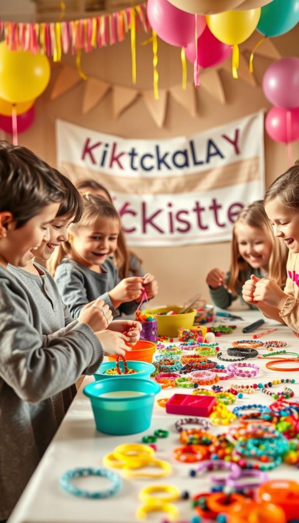 A colorful and vibrant children’s birthday party scene featuring kids aged 5-8 gathered around a table, joyfully engaging in DIY jewelry-making activities. The foreground highlights children wearing casual, modest clothing, stringing beads, and crafting bracelets with laughter on their faces. The middle ground showcases diverse materials such as colorful beads, strings, and tools spread across a decorated table. The backdrop features cheerful party decorations, like balloons and streamers, creating an inviting atmosphere. Warm, natural lighting enhances the scene, reminiscent of a cozy Pinterest-style setup. The overall mood is playful and inspiring, capturing the essence of a stress-free party experience. Include subtle branding elements of "KlickKiste" within the decor, like a banner or logo, to enhance the ambiance without overwhelming the image.