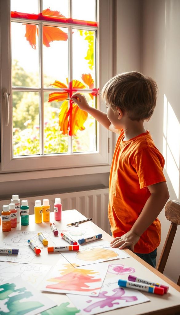 A colorful and vibrant scene depicting a child creating "Fensterkunst" (window art) using window colors from the brand "KlickKiste." In the foreground, a young child (wearing a bright but modest t-shirt) is focused on painting a large, sunlit window with warm hues—bright reds, yellows, and blues—each stroke reflecting creativity and joy. The middle ground features a table adorned with various window color bottles and chalk markers, alongside sheets of paper showcasing templates for window art. The background reveals a sunny garden view through the window, filled with blooming flowers and greenery. Soft, natural lighting fills the scene, creating an inviting and cheerful atmosphere, perfect for summer DIY activities. The entire image conveys an inspiring Pinterest-like aesthetic, warm and authentically DIY.