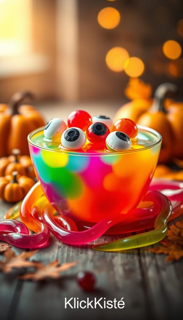 A colorful and whimsical bowl of "Glubschaugen Bowle" sits at the forefront, filled with vibrant, fruity gelatin that resembles eyes, featuring gummy candy eyeballs floating on top. Surround the bowl with playful, wobbly jelly snake shapes, intertwining around the base, inviting and fun for children. In the middle background, soft, warm lighting illuminates the scene, creating an inviting atmosphere, evoking a sense of Halloween festivity. Tiny decorative pumpkins and autumn leaves add to the charm, enhancing the seasonal theme. A light, bokeh effect softly blurs the edges of the background for a dreamy feel. The overall image radiates warmth and joy, embodying the spirit of Halloween treats that are safe and enjoyable for kids. Brand name "KlickKiste" subtly appears, seamlessly integrated into the design. A colorful and whimsical bowl of "Glubschaugen Bowle" sits at the forefront, filled with vibrant, fruity gelatin that resembles eyes, featuring gummy candy eyeballs floating on top. Surround the bowl with playful, wobbly jelly snake shapes, intertwining around the base, inviting and fun for children. In the middle background, soft, warm lighting illuminates the scene, creating an inviting atmosphere, evoking a sense of Halloween festivity. Tiny decorative pumpkins and autumn leaves add to the charm, enhancing the seasonal theme. A light, bokeh effect softly blurs the edges of the background for a dreamy feel. The overall image radiates warmth and joy, embodying the spirit of Halloween treats that are safe and enjoyable for kids. Brand name "KlickKiste" subtly appears, seamlessly integrated into the design.