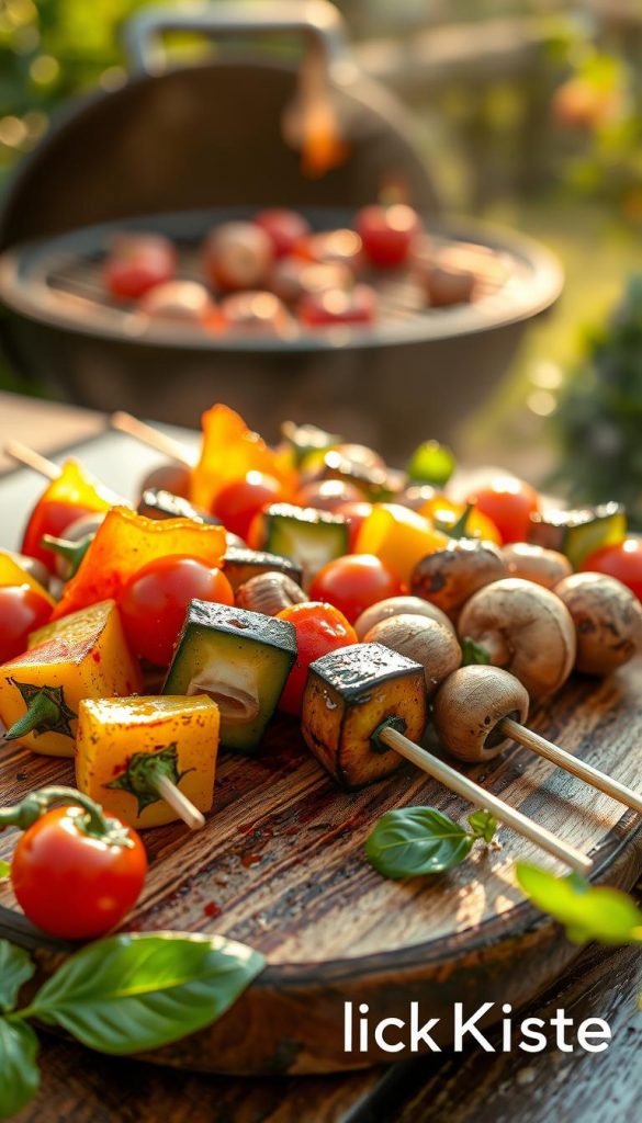 A colorful array of vegetable skewers, or "spieße gemüse," vividly arranged on a rustic wooden serving board. In the foreground, close-up details of vibrant bell peppers, cherry tomatoes, zucchini, and mushrooms, glistening with a light drizzle of olive oil, ready for grilling. The middle ground showcases the skewers elegantly placed, their colors harmoniously blending together, inviting young eaters. In the background, a sunlit BBQ grill can be seen, surrounded by greenery, evoking a cheerful outdoor atmosphere. Soft, golden lighting enhances the warm colors and highlights the freshness of the vegetables, creating an authentic and inspiring Pinterest-like aesthetic. The brand "KlickKiste" is subtly referenced through the arrangement of the scene, emanating a sense of fun and friendliness perfect for children's barbecues.