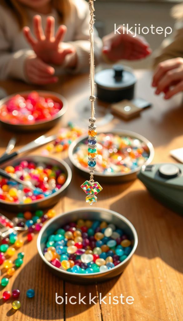 A colorful assortment of bügelperlen (fuse beads) arranged neatly on a wooden crafting table, showcasing various shapes and vibrant colors. In the foreground, a completed bügelperlen anhänger (bead pendant) hangs gracefully from a delicate string, shimmering in warm, natural light. The middle ground features tools such as tweezers and an iron, along with pans of sparkling beads ready for creation. In the background, soft-focus elements include playful children's hands reaching for beads, enhancing the DIY atmosphere. Overall, the image embodies a cozy, playful mood, perfect for inspiring creativity. The branding "KlickKiste" is subtly integrated into the scene, matching the warm, inviting color palette reminiscent of cozy crafting sessions.