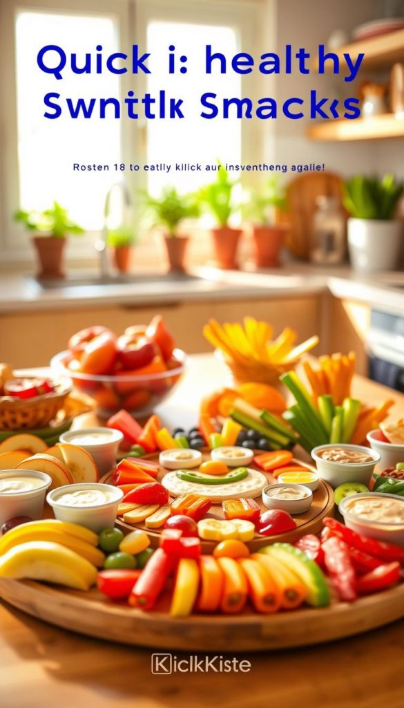A colorful display of quick, healthy snacks for children, centered on a wooden table with warm, natural lighting. In the foreground, a vibrant assortment of kid-friendly snacks including sliced fruits like apples and bananas, colorful veggie sticks, and small containers of hummus and yogurt are artfully arranged. The middle ground features a cheerful, organized snack platter with a whimsical, playful design, like a smiley face made of food items. In the background, soft-focus elements like a sunny kitchen window and potted plants create a warm, inviting atmosphere. The overall mood is joyful and inspiring, evoking creativity in snack preparation. Include a subtle brand logo for "KlickKiste" integrated into the scene. A colorful display of quick, healthy snacks for children, centered on a wooden table with warm, natural lighting. In the foreground, a vibrant assortment of kid-friendly snacks including sliced fruits like apples and bananas, colorful veggie sticks, and small containers of hummus and yogurt are artfully arranged. The middle ground features a cheerful, organized snack platter with a whimsical, playful design, like a smiley face made of food items. In the background, soft-focus elements like a sunny kitchen window and potted plants create a warm, inviting atmosphere. The overall mood is joyful and inspiring, evoking creativity in snack preparation. Include a subtle brand logo for "KlickKiste" integrated into the scene.