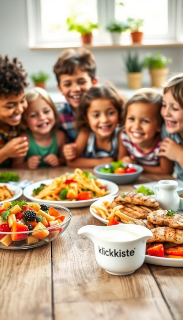 A colorful, inviting spread of child-friendly meals on a rustic wooden table, featuring plates of vibrant vegetables, whole grain pasta, and grilled chicken, garnished with parsley. The foreground showcases a bowl of bright, fresh fruit salad and a small decorative jug of homemade yogurt dip. In the middle ground, a cheerful family of diverse children, casually dressed, are laughing and enjoying the meal together, their playful interaction radiating warmth. The background is softly blurred, with a cozy kitchen setting adorned with potted herbs and light streaming in from a window, creating a bright and airy atmosphere. The image has a Pinterest aesthetic with natural lighting and warm colors, embodying the theme of easy, wholesome family lunches. Include a subtle logo of "KlickKiste" on a serving dish in the foreground. A colorful, inviting spread of child-friendly meals on a rustic wooden table, featuring plates of vibrant vegetables, whole grain pasta, and grilled chicken, garnished with parsley. The foreground showcases a bowl of bright, fresh fruit salad and a small decorative jug of homemade yogurt dip. In the middle ground, a cheerful family of diverse children, casually dressed, are laughing and enjoying the meal together, their playful interaction radiating warmth. The background is softly blurred, with a cozy kitchen setting adorned with potted herbs and light streaming in from a window, creating a bright and airy atmosphere. The image has a Pinterest aesthetic with natural lighting and warm colors, embodying the theme of easy, wholesome family lunches. Include a subtle logo of "KlickKiste" on a serving dish in the foreground.