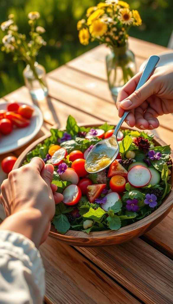 A colorful spring salad featuring a variety of fresh ingredients, including vibrant mixed greens, cherry tomatoes, radishes, and slices of cucumber. The salad is arranged in a rustic wooden bowl, garnished with edible flowers and a drizzle of a light vinaigrette. In the foreground, there's a hand reaching for a serving spoon, dressed in light, casual clothing. The background softly blurs to reveal a sunlit picnic table adorned with cheerful tableware and a bouquet of wildflowers. The warm natural lighting casts a golden glow over the scene, creating a joyful and inviting atmosphere, reminiscent of a Pinterest aesthetic. Capture this moment to embody the essence of fresh spring meals by KlickKiste. A colorful spring salad featuring a variety of fresh ingredients, including vibrant mixed greens, cherry tomatoes, radishes, and slices of cucumber. The salad is arranged in a rustic wooden bowl, garnished with edible flowers and a drizzle of a light vinaigrette. In the foreground, there's a hand reaching for a serving spoon, dressed in light, casual clothing. The background softly blurs to reveal a sunlit picnic table adorned with cheerful tableware and a bouquet of wildflowers. The warm natural lighting casts a golden glow over the scene, creating a joyful and inviting atmosphere, reminiscent of a Pinterest aesthetic. Capture this moment to embody the essence of fresh spring meals by KlickKiste.