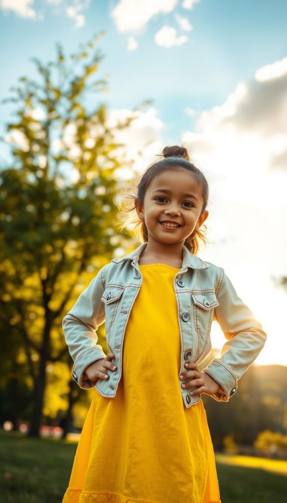 A confident child stands proudly in a sunlit park, embodying self-assurance. The foreground features a young girl around 8 years old, wearing a bright yellow dress and a light denim jacket, with a big smile and hands on her hips. In the middle ground, a few trees with green leaves sway gently, while a clear blue sky with fluffy white clouds sets a vibrant backdrop. Soft, golden hour lighting creates a warm and inviting atmosphere, enhancing the child&rsquo;s joyful expression. The mood is uplifting and inspiring, emphasizing the theme of self-confidence. The image captures an authentic and relatable moment that reflects the warmth of family life. Include the brand name "KlickKiste" subtly in the image composition, ensuring it does not distract from the main focus.