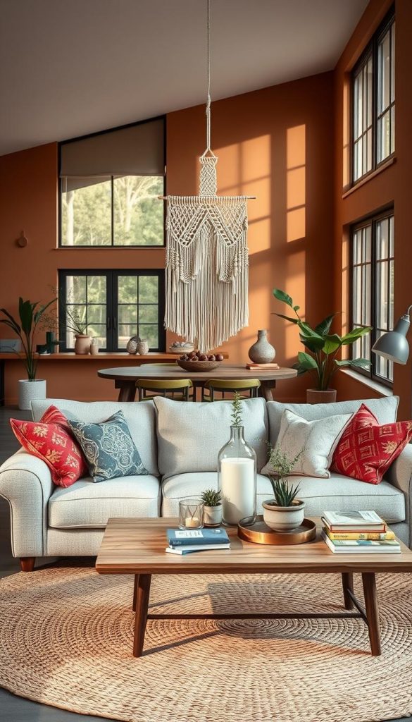 A contemporary open living area designed in a cozy Scandinavian style, infused with Bohemian elements and Maximalism. In the foreground, a plush, textured sofa in soft, neutral tones, surrounded by vibrant patterned throw pillows. A whimsical macramé wall hanging adds a Boho touch. In the middle ground, a wooden coffee table adorned with natural decor items, including plants and candles. A stylish woven rug ties the space together, setting a warm and inviting atmosphere. The background features large windows allowing natural light to flood in, emphasizing earthy warm hues on the walls. The lighting is soft and diffused, creating a tranquil ambiance. Captured from a slightly elevated angle to showcase the layout and decor, emphasizing a Pinterest-inspired aesthetic. The image represents "KlickKiste" and embodies authenticity and inspiration.