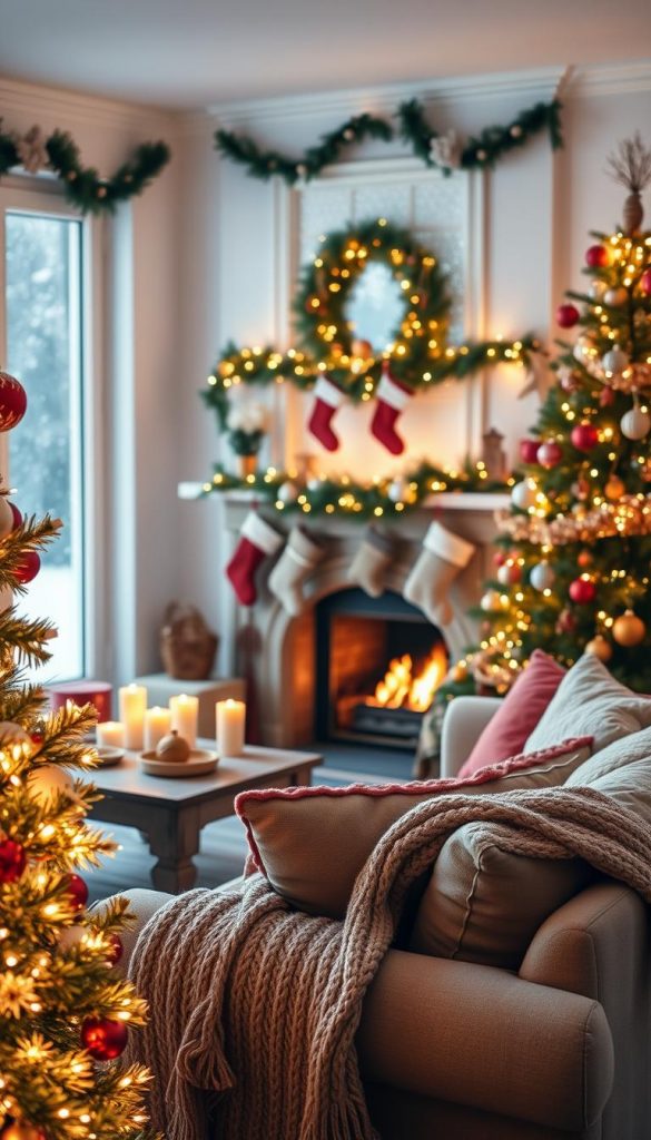 A cozy Christmas living room scene inspired by DIY designs, showcasing warm, inviting colors and a Pinterest-worthy aesthetic. In the foreground, a beautifully decorated Christmas tree adorned with twinkling lights and colorful ornaments. A comfy, rustic sofa draped with a knitted throw sits nearby, surrounded by plush pillows and a small coffee table displaying festive candles and a bowl of ornaments. In the middle, a fireplace with stockings hanging, surrounded by garlands and fairy lights, features soft, warm flickering flames. The background includes a window revealing gentle snowfall outside, casting a soft glow into the room. The atmosphere is authentic, inspiring, and filled with holiday spirit, reflecting the essence of "KlickKiste" aesthetics. Natural lighting enhances the scene, creating a warm, inviting vibe perfect for holiday gatherings.