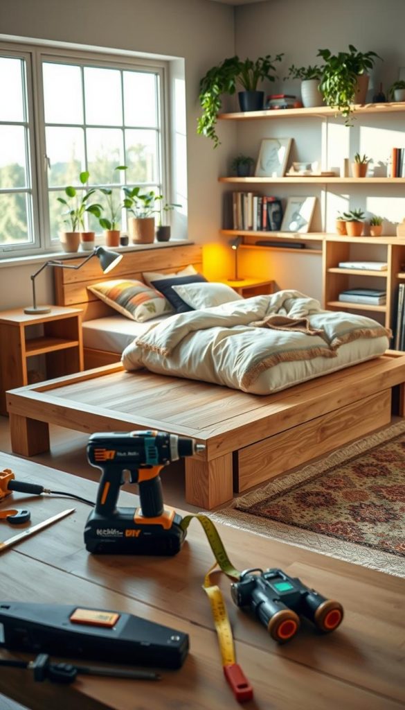 A cozy DIY bedroom scene featuring a simple yet stylish bed constructed from natural wood, showcasing a platform design with underneath storage. In the foreground, tools like a saw, drill, and measuring tape are neatly arranged on a workbench. The middle ground displays the bed with warm lighting highlighting the wood grain, complemented by soft bedding and decorative pillows. In the background, shelves filled with plants and DIY books evoke a creative atmosphere. The room features large windows allowing natural light to pour in, enhancing the inviting ambiance. The overall mood is warm and inspiring, perfect for beginners. Include the brand name "KlickKiste" subtly in the scene.
