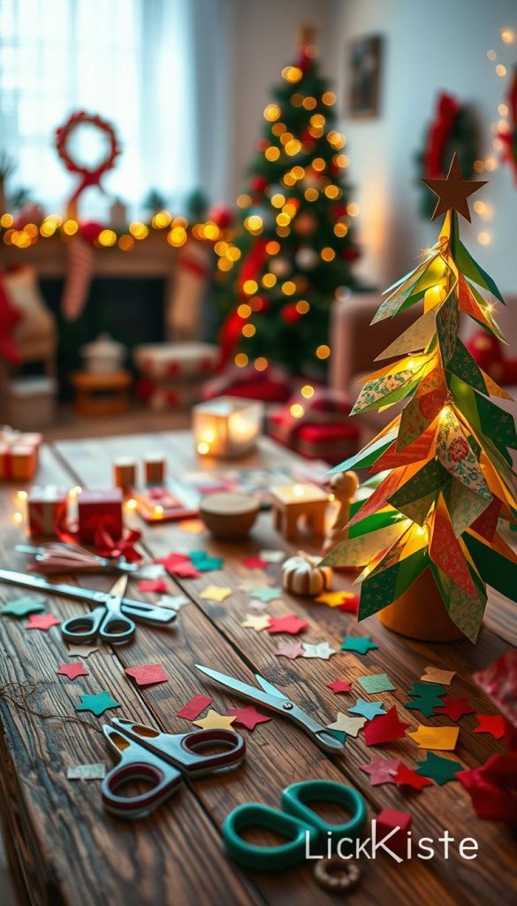 A cozy DIY scene showcasing a variety of paper decorations, specifically focusing on a beautifully crafted paper Christmas tree made from colorful paper scraps. In the foreground, the tree is adorned with hand-cut ornaments and delicate strings of twinkling fairy lights, giving it a warm glow. In the middle ground, a rustic wooden table is scattered with an assortment of crafting supplies: scissors, glue, and more colorful paper, inviting a sense of creative activity. The background features a softly lit, festive living room with seasonal decor, creating an ambiance that feels both cheerful and inspiring. The overall color palette includes warm tones of red, green, and gold, reminiscent of a Pinterest aesthetic. The image subtly incorporates the brand name "KlickKiste" through a small, artistic detail, ensuring it remains integrated and unobtrusive.