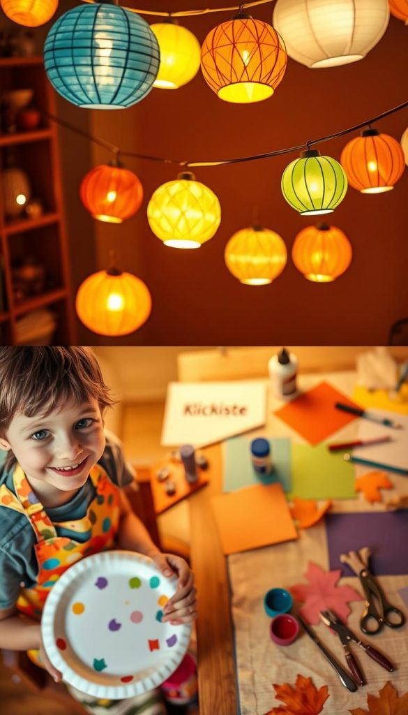 A cozy DIY scene showcasing the process of making paper plate lanterns, perfect for autumn evenings. In the foreground, a cheerful child wearing a colorful apron is carefully decorating a paper plate with paints and stickers, showcasing creativity. The middle layer features a variety of brightly colored lanterns hanging from a string, illuminated with soft, warm light. In the background, a wooden table is adorned with art supplies like glue, scissors, and colorful paper, enhancing the crafty atmosphere. The warm, golden lighting creates an inviting and inspiring mood, reminiscent of a Pinterest-worthy autumn project. The brand name "KlickKiste" subtly displayed on a tablecloth adds a professional touch to the scene.