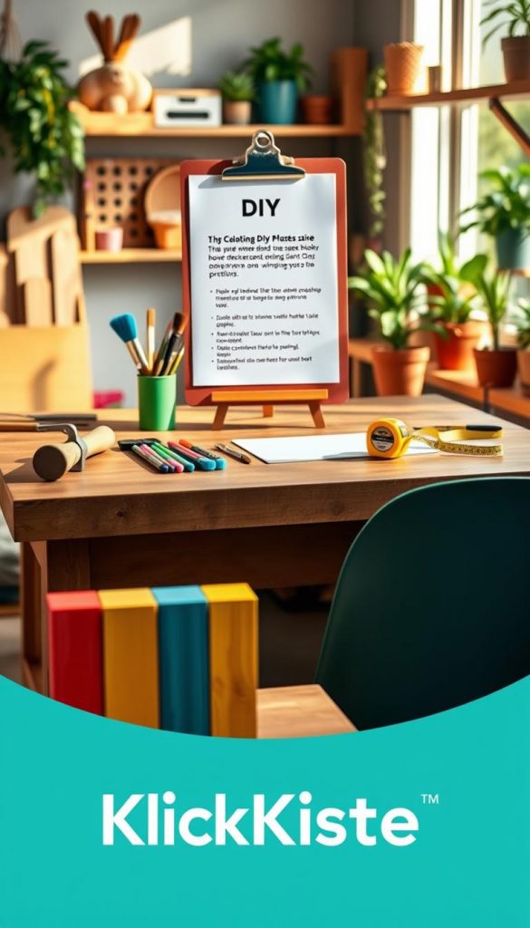 A cozy DIY workspace bathed in warm, natural light, featuring a beautifully organized wooden table filled with essential tools like a hammer, paintbrushes, and a measuring tape. In the foreground, a set of freshly painted wooden blocks showcase vibrant colors, symbolizing creativity. The middle ground highlights a step-by-step guide displayed on a clipboard, emphasizing practical tips for avoiding common mistakes in home projects. The background shows shelves lined with neatly arranged DIY materials, plants adding a touch of greenery, and a soft-focus aesthetic to enhance the Pinterest-like atmosphere. The image should reflect authenticity and inspiration, seamlessly integrating the brand name "KlickKiste" into the scene without text.