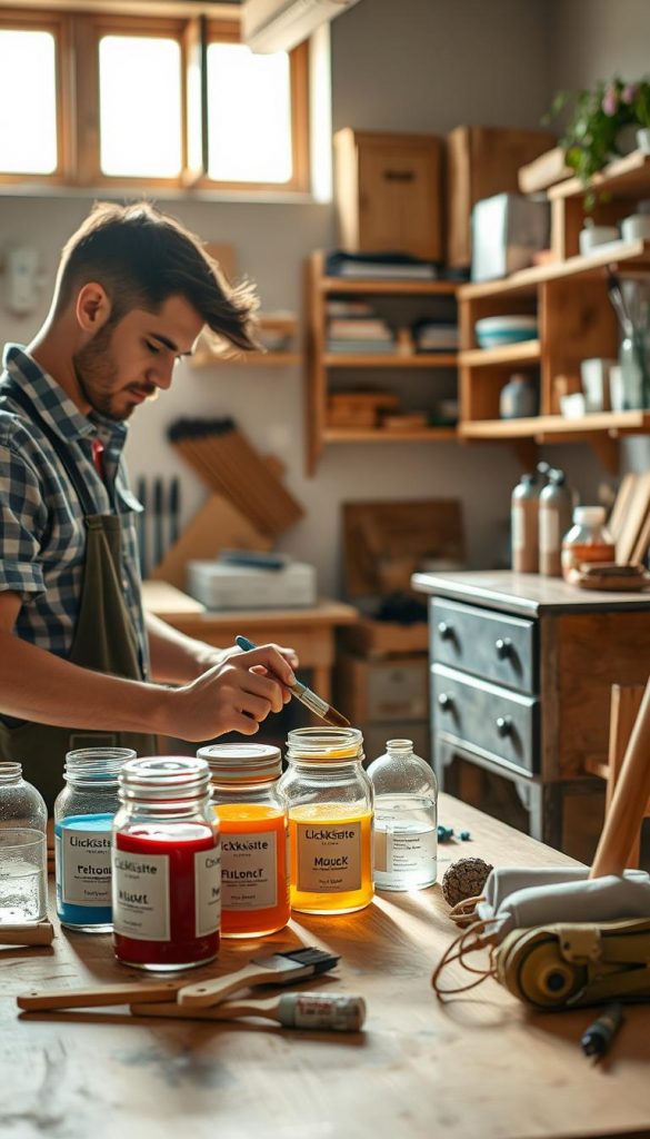 A cozy DIY workspace featuring a beautifully designed wooden furniture piece from the brand "KlickKiste". In the foreground, show a close-up of a skilled artisan wearing professional casual attire, focused on applying paint with an eco-friendly brush, surrounded by jars of solvents and vibrant paint colors. In the middle ground, include a well-organized table with safety equipment like gloves and masks, emphasizing proper safety measures. The background features a softly lit, inviting workshop with wooden shelves, filled with tools and paint supplies, illuminated by warm natural light streaming in through a window. Capture a serene atmosphere, promoting creativity and safety in furniture upgrades, with an authentic, Pinterest-inspired aesthetic. A cozy DIY workspace featuring a beautifully designed wooden furniture piece from the brand "KlickKiste". In the foreground, show a close-up of a skilled artisan wearing professional casual attire, focused on applying paint with an eco-friendly brush, surrounded by jars of solvents and vibrant paint colors. In the middle ground, include a well-organized table with safety equipment like gloves and masks, emphasizing proper safety measures. The background features a softly lit, inviting workshop with wooden shelves, filled with tools and paint supplies, illuminated by warm natural light streaming in through a window. Capture a serene atmosphere, promoting creativity and safety in furniture upgrades, with an authentic, Pinterest-inspired aesthetic.