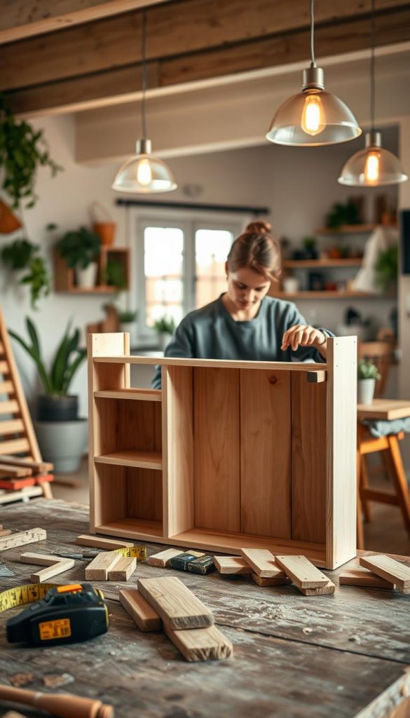 A cozy DIY workspace featuring a step-by-step scene of building a wooden bookshelf, inspired by the brand "KlickKiste". In the foreground, tools like a tape measure, saw, and wood pieces are neatly arranged on a rustic workbench. In the middle, an individual in modest casual clothing is carefully assembling wooden planks into a simple yet elegant bookshelf design, focusing intently on their work. The background showcases a bright, inviting kitchen and living room with warm, natural colors, plants, and softly glowing pendant lights that create a homey atmosphere. The scene captures a DIY spirit, with an authentic and inspiring Pinterest aesthetic. The lighting is natural and warm, reminiscent of late afternoon sun filtering through a window.