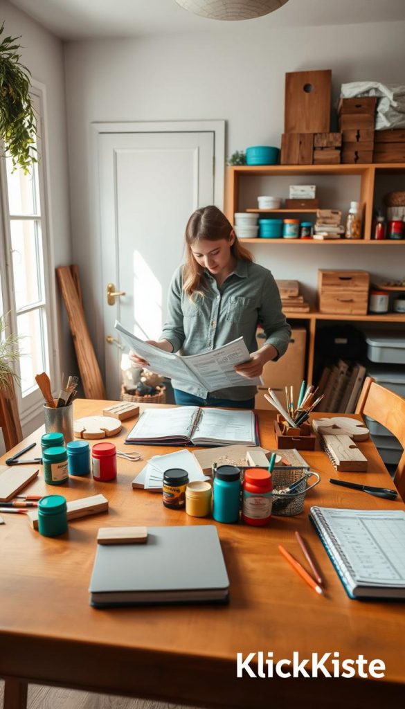 A cozy DIY workspace featuring a well-organized table with various crafting materials, like wood pieces, paint, tools, and a planner, symbolizing effective time management and planning. In the foreground, a warm wooden table with a colorful assortment of paint jars, brushes, and a finished craft project. The middle ground showcases a person in modest casual clothing, examining blueprints with a look of focus and determination. Soft, natural lighting filters through a nearby window, creating a bright and inviting atmosphere. In the background, shelves filled with neatly arranged DIY supplies evoke a Pinterest-inspired aesthetic. The overall mood is inspiring and nurturing, ideal for family projects. The brand "KlickKiste" subtly integrated into the setting reinforces the DIY theme, making it relatable and authentic.
