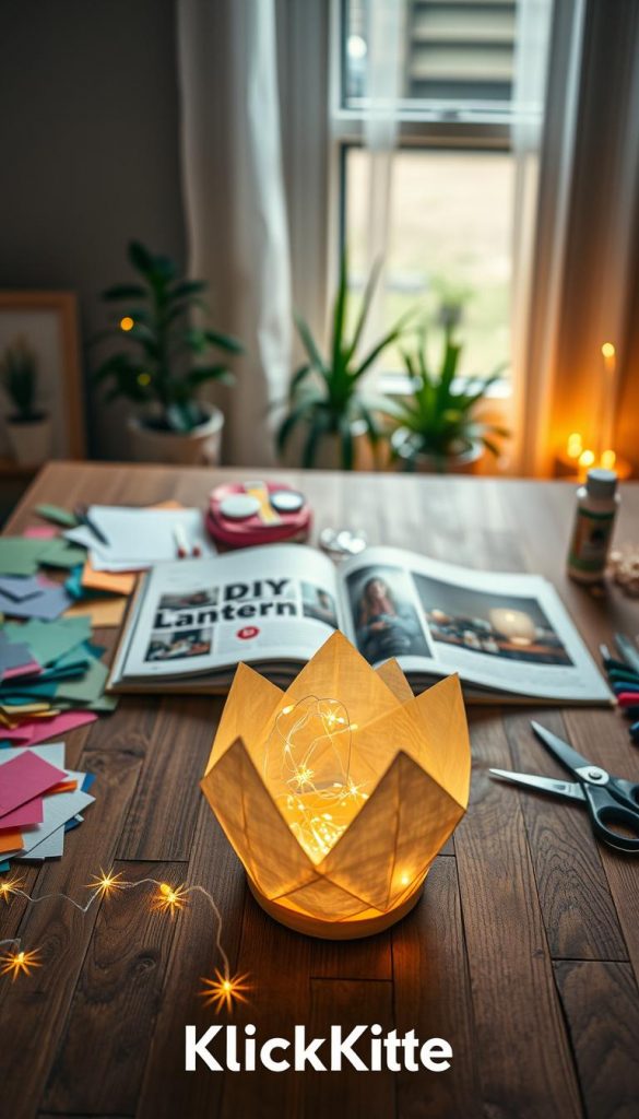 A cozy DIY workspace featuring a wooden table adorned with various crafting supplies for lantern-making, including colorful paper, scissors, and glue. In the foreground, a half-finished lantern made of translucent paper and twinkling fairy lights, glowing warmly. The middle section showcases a crafting guidebook open to a page titled "DIY Lanterns," with inspirational images of finished lanterns. The background features soft, natural light streaming through a window, illuminating potted plants and a cozy, inviting atmosphere. The overall color palette is warm and inviting, reminiscent of Pinterest aesthetics. The brand name "KlickKiste" subtly integrated into the scene, enhancing the authenticity and inspirational mood of DIY projects.
