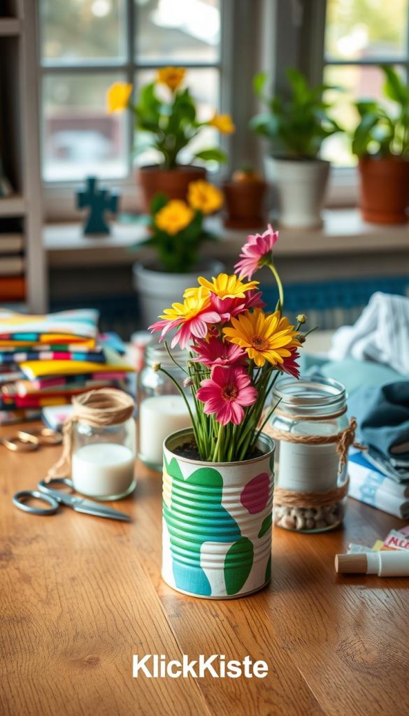 A cozy DIY workspace showcasing upcycling projects, with a wooden table covered in beautifully repurposed materials. In the foreground, a hand-painted flower pot made from an old tin can, filled with vibrant spring flowers. Beside it, a glass jar turned into a candle holder, decorated with twine and small pebbles. In the middle ground, an assortment of colorful fabric scraps and tools like scissors and glue stick, reflecting a creative atmosphere. The background features a sunlit window with cheerful potted plants and soft natural light illuminating the scene, creating a warm and inviting mood. The overall aesthetic should feel authentic and inspiring, evoking a Pinterest-like charm, branded subtly with the name "KlickKiste."