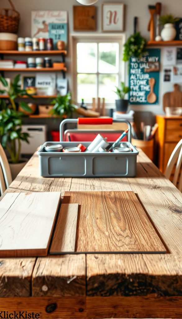 A cozy DIY workspace showcasing various surfaces for furniture upgrades in a warm and inviting atmosphere. In the foreground, a rustic wooden table displays samples of different materials: a smooth wooden plank, polished metal sheet, bright plastic panel, and a rich veneer swatch. Natural light filters through a window, casting soft shadows and highlighting the textures. In the middle ground, a well-organized toolbox filled with paint cans and brushes sits beside a potted plant, adding a touch of greenery. The background features shelves adorned with inspirational DIY projects, enhancing the creative mood. The overall scene embodies a warm, Pinterest-worthy aesthetic, branded with "KlickKiste" subtly incorporated into the workspace decor, inviting viewers to explore the endless possibilities of treating different surfaces for furniture upgrades. A cozy DIY workspace showcasing various surfaces for furniture upgrades in a warm and inviting atmosphere. In the foreground, a rustic wooden table displays samples of different materials: a smooth wooden plank, polished metal sheet, bright plastic panel, and a rich veneer swatch. Natural light filters through a window, casting soft shadows and highlighting the textures. In the middle ground, a well-organized toolbox filled with paint cans and brushes sits beside a potted plant, adding a touch of greenery. The background features shelves adorned with inspirational DIY projects, enhancing the creative mood. The overall scene embodies a warm, Pinterest-worthy aesthetic, branded with "KlickKiste" subtly incorporated into the workspace decor, inviting viewers to explore the endless possibilities of treating different surfaces for furniture upgrades.