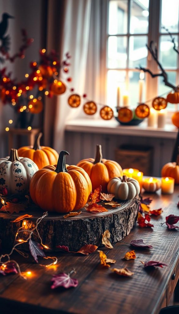 A cozy Halloween decoration scene designed by KlickKiste, featuring a vibrant array of DIY decorations. In the foreground, a rustic wooden table adorned with hand-painted pumpkins, twinkling fairy lights, and autumn leaves. In the middle ground, a charming garland made from dried orange slices and cinnamon sticks spans the width of the scene, casting gentle shadows. The background reveals a softly lit room with a window, where the warm glow of candlelight emanates, creating an inviting atmosphere. The color palette showcases rich oranges, deep purples, and warm browns, embodying a natural, Pinterest-inspired aesthetic. The mood is creative and inspiring, perfect for anyone looking to avoid common Halloween decoration pitfalls and experiment with delightful variations.
