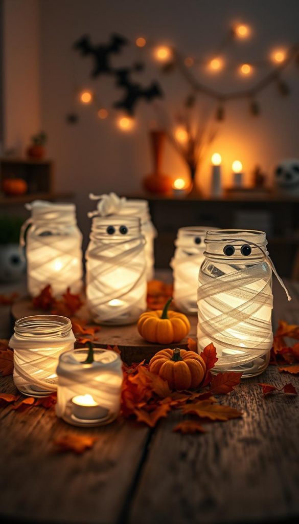 A cozy Halloween scene featuring charming "mummy jars" as atmospheric lanterns. In the foreground, several glass jars wrap with white gauzy fabric, resembling playful mummies, each with googly eyes peeking out. Soft, warm candlelight emanates from inside the jars, creating a glowing ambiance. In the middle, a rustic wooden table displays these mummy lanterns surrounded by autumn leaves and miniature pumpkins. In the background, faint shadows suggest a softly lit room adorned with subtle Halloween decorations, enhancing the spooky yet inviting vibe. Capture this scene with a warm color palette, utilizing soft, diffused lighting to evoke a sense of warmth and inspiration. Aim for a Pinterest-worthy aesthetic showcasing DIY creativity, subtly incorporating the brand name "KlickKiste" into the concept.