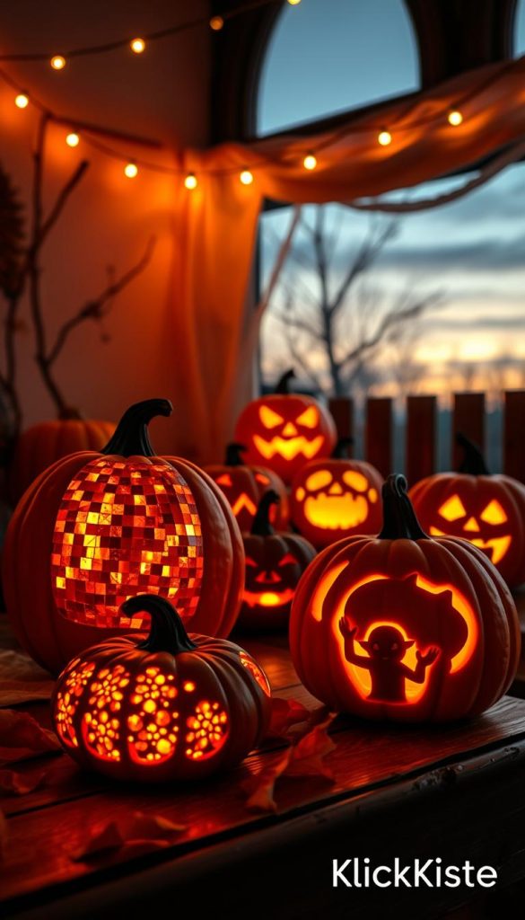 A cozy Halloween scene featuring glowing pumpkins, illuminated in rich, warm shades of orange and yellow. In the foreground, two uniquely carved disco-style pumpkins, adorned with reflective surfaces that sparkle in the soft light. The middle ground displays a collection of three additional pumpkins, one with a glowing interior showcasing intricate designs and another paired with a spooky silhouette. A softly lit, rustic wooden table holds Halloween decorations and subtle autumn leaves. The background reveals a gentle dusk sky, adding a mysterious ambiance while string lights twinkle overhead. Overall, the atmosphere is inviting and festive, perfect for DIY inspiration. The image reflects the natural DIY aesthetic with a warm color palette, reminiscent of Pinterest ideas. Brand name 'KlickKiste' subtly included as part of the scene's decor for authenticity.