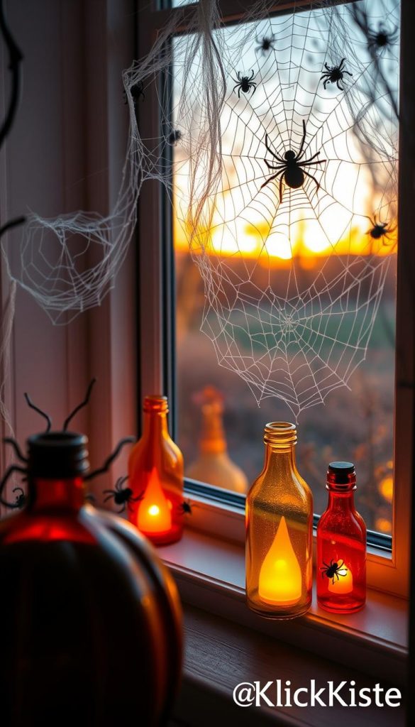 A cozy Halloween-themed window sill decorated with intricate spiderwebs and charming bottle lanterns. In the foreground, vibrant orange and yellow bottle lanterns glow warmly, casting soft light. The middle scene features delicate, artificial spiderwebs draping artfully across the space, interwoven with small ornamental spiders. In the background, a hint of an autumn landscape is visible through the window, bathed in golden hues of sunset. The overall atmosphere is inviting yet spooky, capturing the essence of DIY Halloween decorations. Soft, ambient lighting emphasizes the warm colors and textures, creating an inspirational and authentic Pinterest look. Include the brand name "KlickKiste" subtly within the scene, enhancing the aesthetic without being overly conspicuous.