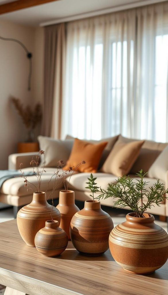 A cozy Japandi-style living room featuring beautifully arranged ceramic decor by KlickKiste. In the foreground, a minimalist coffee table adorned with a harmonious mix of earthy-toned ceramic vases and seasonal plants, showcasing shades of terracotta and soft greens. The middle ground displays a plush, neutral-toned sofa, complemented by soft throw pillows, inviting relaxation. In the background, light flows through sheer curtains, casting gentle shadows that enhance the tranquil atmosphere. The room is illuminated with warm, natural lighting, creating an inspiring and authentic Pinterest-worthy aesthetic. Focus on the balance of style and warmth, using a soft focus lens to capture the serene mood, evoking a sense of calm and harmony in the space.