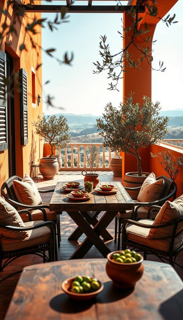 A cozy Mediterranean-style seating area featuring warm ochre and terracotta tones. In the foreground, a rustic wooden table surrounded by cushioned chairs upholstered in soft fabrics, adorned with a classic table setting of terracotta dishes and vibrant green olives. The middle ground showcases ornamental olive trees in decorative pots, their branches gently swaying in a light breeze, adding a touch of nature. In the background, a sunlit terrace with a view of a distant horizon dotted with soft rolling hills. Natural light pours in, creating a warm and inviting atmosphere, reminiscent of a peaceful southern getaway. Capture this scene with a slightly angled perspective to emphasize depth, reflecting an authentic and inspiring Pinterest aesthetic. This image represents the warmth and comfort of a traditional Mediterranean gathering space, inspired by "KlickKiste".