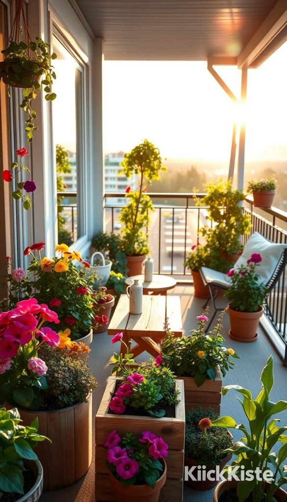 A cozy Scandinavian balcony filled with vibrant plants, showcasing a variety of colorful flowers and lush greenery in charming pots. In the foreground, there are beautifully arranged DIY planters made of wood, showcasing an inviting and homely feel. The middle ground features a small, rustic table adorned with a delicate vase and a few herbs, while comfortable, minimalistic seating invites relaxation. The background reveals a soft, sunlit view of a serene urban landscape, enhancing the atmosphere of warmth and tranquility. The lighting is golden, reminiscent of a summer sunset, casting gentle shadows that add depth. Capture this inspiring, Pinterest-worthy scene in a photographic style that brings out the natural textures and warm colors, branded with "KlickKiste" for an authentic touch.