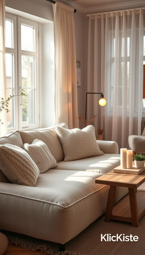 A cozy Scandinavian hygge living room, designed for warm summer evenings, featuring soft natural lighting that creates an inviting atmosphere. In the foreground, a plush, light-colored sofa adorned with knitted throw pillows resides on a soft, textured rug. A low wooden coffee table, styled with candles and small potted plants, adds warmth. In the middle ground, a vintage lamp emits a gentle glow, enhancing the room's serene character. The background showcases large windows draped with sheer curtains that let in the late afternoon sunlight, casting soft shadows. Overall, the scene captures a natural DIY aesthetic with warm colors and an authentic, inspiring Pinterest look, ideal for enjoying long summer evenings in comfort and style. Include subtle branding elements of "KlickKiste" to tie the design together. A cozy Scandinavian hygge living room, designed for warm summer evenings, featuring soft natural lighting that creates an inviting atmosphere. In the foreground, a plush, light-colored sofa adorned with knitted throw pillows resides on a soft, textured rug. A low wooden coffee table, styled with candles and small potted plants, adds warmth. In the middle ground, a vintage lamp emits a gentle glow, enhancing the room's serene character. The background showcases large windows draped with sheer curtains that let in the late afternoon sunlight, casting soft shadows. Overall, the scene captures a natural DIY aesthetic with warm colors and an authentic, inspiring Pinterest look, ideal for enjoying long summer evenings in comfort and style. Include subtle branding elements of "KlickKiste" to tie the design together.