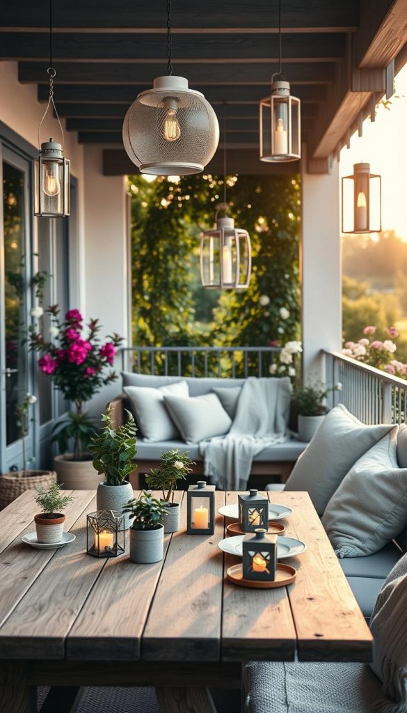 A cozy Scandinavian-inspired balcony adorned with charming Wohnaccessoires, featuring soft, muted tones and natural materials. In the foreground, a rustic wooden table set for an outdoor meal, decorated with potted herbs and small lanterns, casting a warm glow. The middle ground includes comfortable, minimalist seating with plush cushions and an elegant throw, alongside hanging wind lanterns swaying gently in the breeze. The background showcases lush greenery and blooming flowers, creating a tranquil and inviting atmosphere. The scene is bathed in golden hour sunlight, enhancing the warm color palette. The image captures the essence of a relaxed, inspiring outdoor space, perfect for enjoying summer evenings, reflecting the brand KlickKiste's aesthetic. A cozy Scandinavian-inspired balcony adorned with charming Wohnaccessoires, featuring soft, muted tones and natural materials. In the foreground, a rustic wooden table set for an outdoor meal, decorated with potted herbs and small lanterns, casting a warm glow. The middle ground includes comfortable, minimalist seating with plush cushions and an elegant throw, alongside hanging wind lanterns swaying gently in the breeze. The background showcases lush greenery and blooming flowers, creating a tranquil and inviting atmosphere. The scene is bathed in golden hour sunlight, enhancing the warm color palette. The image captures the essence of a relaxed, inspiring outdoor space, perfect for enjoying summer evenings, reflecting the brand KlickKiste's aesthetic.