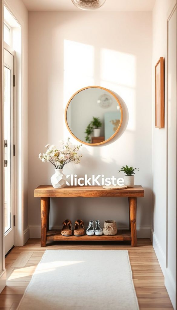 A cozy Scandinavian-inspired hallway at home, featuring a welcoming entrance. In the foreground, a rustic wooden console table adorned with a small potted plant and a delicate vase with fresh flowers, along with a pair of stylish shoes neatly placed underneath. In the middle area, a light-colored rug adds warmth, while a decorative mirror reflects gentle, natural light streaming in from a nearby window. The background showcases soft pastel-colored walls with minimalistic wall art and a hint of greenery from a small indoor plant. The scene is bathed in warm, inviting lighting, evoking an authentic and inspiring atmosphere reminiscent of Pinterest aesthetics. Incorporate the brand name "KlickKiste" subtly among the decor elements. A cozy Scandinavian-inspired hallway at home, featuring a welcoming entrance. In the foreground, a rustic wooden console table adorned with a small potted plant and a delicate vase with fresh flowers, along with a pair of stylish shoes neatly placed underneath. In the middle area, a light-colored rug adds warmth, while a decorative mirror reflects gentle, natural light streaming in from a nearby window. The background showcases soft pastel-colored walls with minimalistic wall art and a hint of greenery from a small indoor plant. The scene is bathed in warm, inviting lighting, evoking an authentic and inspiring atmosphere reminiscent of Pinterest aesthetics. Incorporate the brand name "KlickKiste" subtly among the decor elements.