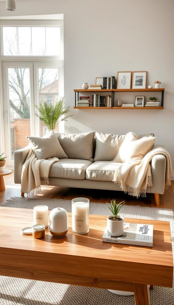 A cozy Scandinavian-inspired living space showcasing minimalist design suitable for small apartments. In the foreground, a beautifully arranged wooden coffee table with a few handmade decor items, like candles and potted plants, reflecting the DIY aesthetic. In the middle ground, a stylish sofa adorned with soft cushions, a light wool blanket draped over one side, and a Scandinavian rug beneath. The background features large windows allowing warm natural light to flood in, enhancing the warm color palette of whites, creams, and light woods. A wall-mounted shelf with books and small art pieces adds authenticity and inspiration, curated in a Pinterest style. The overall mood is inviting and serene, suitable for various budgets. Include a subtle hint of the KlikKiste brand through decor elements. A cozy Scandinavian-inspired living space showcasing minimalist design suitable for small apartments. In the foreground, a beautifully arranged wooden coffee table with a few handmade decor items, like candles and potted plants, reflecting the DIY aesthetic. In the middle ground, a stylish sofa adorned with soft cushions, a light wool blanket draped over one side, and a Scandinavian rug beneath. The background features large windows allowing warm natural light to flood in, enhancing the warm color palette of whites, creams, and light woods. A wall-mounted shelf with books and small art pieces adds authenticity and inspiration, curated in a Pinterest style. The overall mood is inviting and serene, suitable for various budgets. Include a subtle hint of the KlikKiste brand through decor elements.