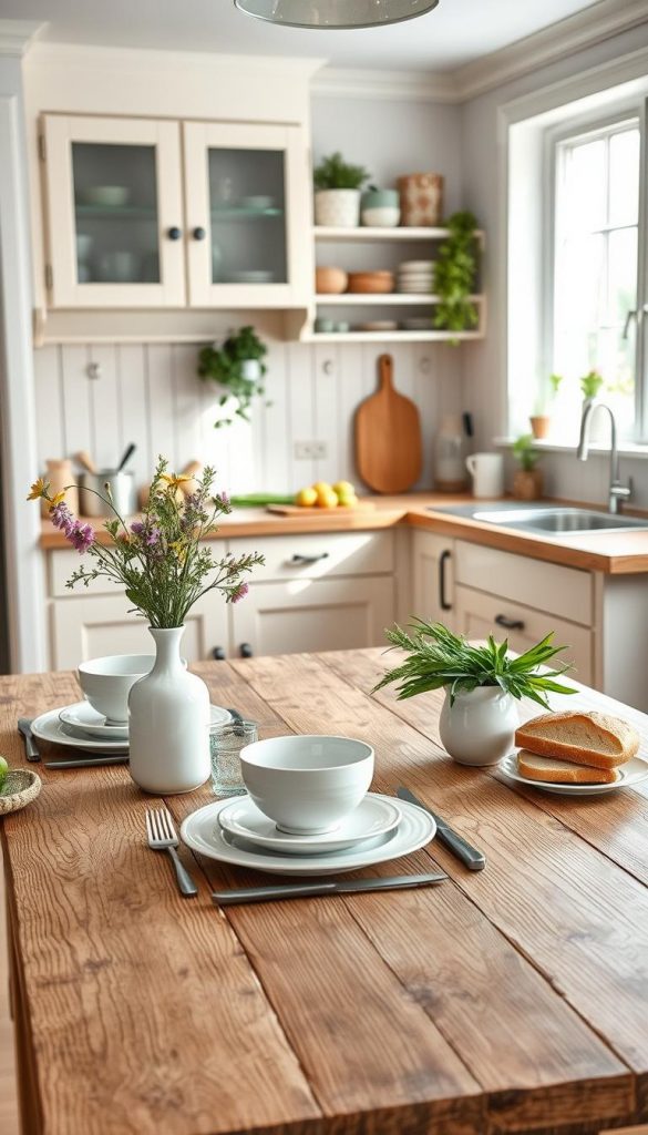 A cozy Scandinavian kitchen featuring a rustic wooden dining table set for summer. In the foreground, a beautifully arranged table with pastel-colored dishware, a vase of wildflowers, and artisanal bread. The middle layer showcases a neatly organized countertop with fresh fruits, herbs, and a light-colored cutting board, all basking in soft, natural light streaming through a window. In the background, pale wood cabinetry and open shelves decorated with minimalist kitchenware and greenery evoke a warm, inviting atmosphere. The overall scene should reflect a Pinterest-worthy DIY aesthetic, with warm colors and an authentic, inspirational vibe. Emphasize the brand "KlickKiste" subtly integrated into the decor elements, enhancing the Nordic summer décor theme with a touch of creativity.